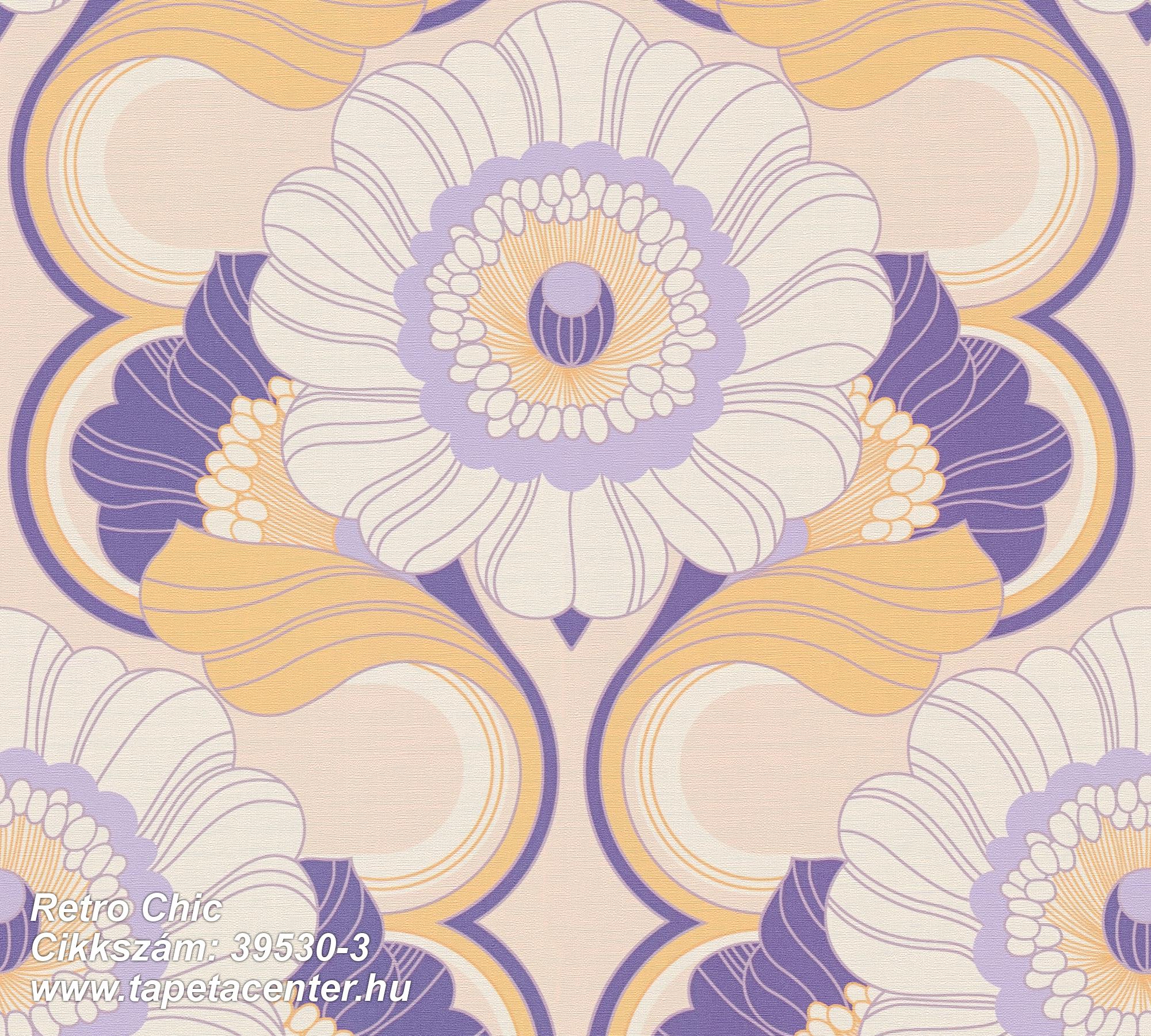 Retro,textil hatású,virágmintás,bézs-drapp,lila,sárga,súrolható,vlies tapéta 